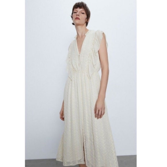 Zara Dresses & Skirts - Zara Cream Ruffled Maxi Front Slip Cinched Waist V-Neck Coastal Dress Size Large